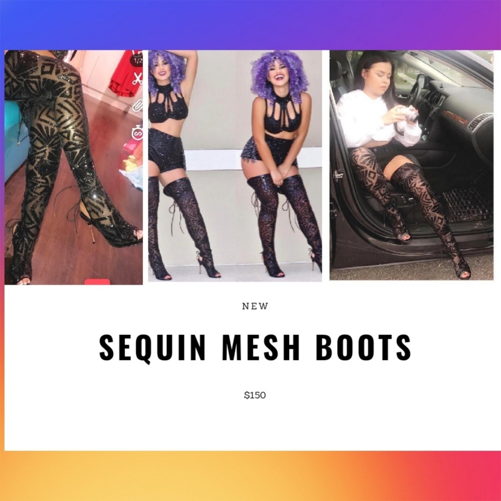 Thigh high sequin mesh boots
